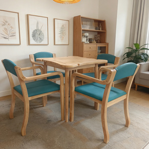Solid Wood Dining <b>Table</b> And Chairs Set Rubberwood With Green Cloth Upholstery For Senior Living Spaces - Product Image 2