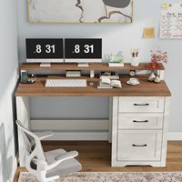 Bureau de direction en bois de style farmhouse de 47 pouces avec 3 tiroirs, éclairage LED, durable, unique, blanc, pour salon
