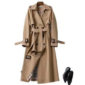 2023 Hot Selling Elegant Women Midi Jacket Winter Woven Overcoat Long Belted Trench Coats