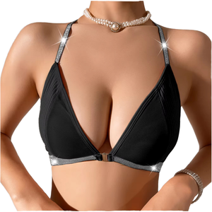 Nuevo sujetador de punto sin costuras para mujer, sin aros, transpirable, con diseño de cinturón plateado, cuello halter, sin espalda, media copa, sexy y convertible. - Product Image 1