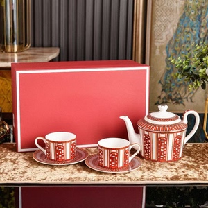 Luxury Red Arch Bone China <b>Tea</b> <b>Set</b>, 1 Teapot 2 <b>Cups</b> 2 Saucers Gift Box, European Style Coffee <b>Set</b> for Afternoon <b>Tea</b> Housewarming - Product Image 1