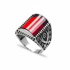 Garnet Stone Triangle Cut Gemstone Ottoman Design Authentic <b>Men</b> <b>Ring</b> Wholesale Handmade 925 Sterling Silver - Product Image 2