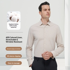 <span class=keywords><strong>Camicia</strong></span> da <span class=keywords><strong>uomo</strong></span> personalizzabile a maniche lunghe, <span class=keywords><strong>beige</strong></span> chiaro, in misto <span class=keywords><strong>lino</strong></span> e cotone a fibra lunga premium, antipiega, casual ed elegante. - Product Image 1