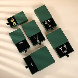 Caja de embalaje de papel de regalo personalizada verde oscuro para joyería, collar, pulsera, anillos, cajón, con logotipo impreso
