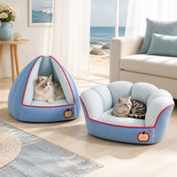 Lit pour chat convertible 2 en 1, maison semi-fermée et canapé ouvert avec coussin en gingham bleu pour chats d'intérieur