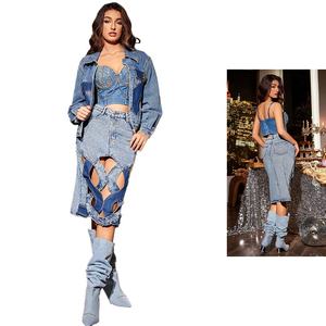 Partie porter conception sexy pierre lavé jeans évider crayon mince denim <span class=keywords><strong>jupe</strong></span> <span class=keywords><strong>longue</strong></span> pour les dames - Product Image 3