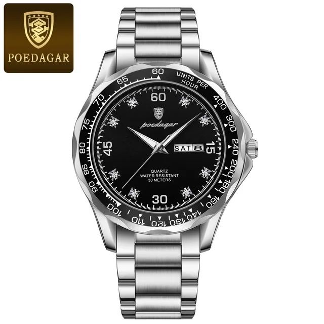 POEDAGAR Top Brand Luxury Quartz Male Wristwatch Stainless Steel Sport Men's Watches Waterproof Luminous Date Week Watch for Men