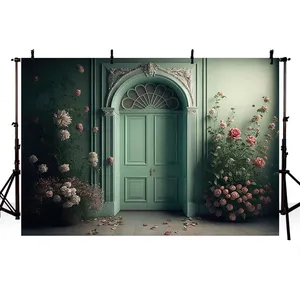 Nhiếp ảnh nền cổ điển màu xanh lá cây gỗ cửa hoa cô gái sinh nhật Đảng ảnh trang trí nội thất đám cưới chân dung Studio