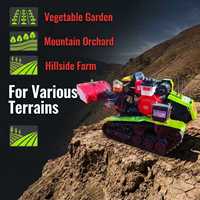 Rotocultivador de orugas tipo sentado, pequeño, agrícola, multifuncional, para labranza rotativa, apertura de surcos y formación de tomas de tierra.