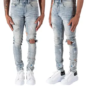 Fashion Custom Hellblau Slim Fit Beschädigte Knieloch lackierte Splatter Denim Jeans für Männer