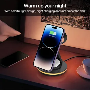 New Products Ideas 2024 Unique Portable Qi 15W Foldable Multifunction 3-in-1 Wireless Charging Station With Night Light