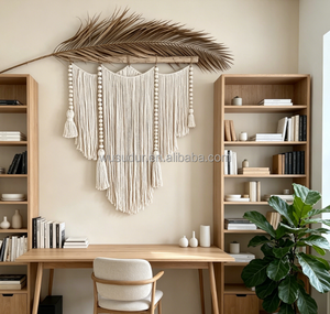 Tapisserie murale en <span class=keywords><strong>macramé</strong></span> Driftwood <span class=keywords><strong>avec</strong></span> perles de <span class=keywords><strong>bois</strong></span> blanches, longues franges et pompons, grande décoration murale bohème pour cheminée et chambre à coucher - Product Image 5