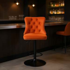 Tabouret de bar en velours orange capitonné, hauteur réglable de 25 à 33 pouces, base ronde sur piétement, design moderne, mobilier de bar pour la maison - Product Image 2