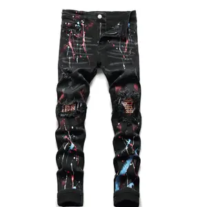 LILUO 2024 Spring season new style top quality black fabric paint destroy ripped patch denim men jeans