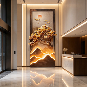 Wholesale Custom <b>Framed</b> LED Light Crystal Porcelain <b>Wall</b> Art Golden Ginkgo Tree Mountain Sunset Landscape Entryway Home Decor - Product Image 5