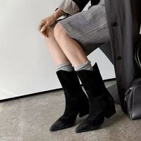 Bottes d'équitation pour femme en cuir véritable à talon épais et bout pointu, mi-mollet, pour l'hiver