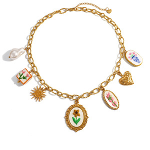 Collar de Moda con Colgantes de Flor, Corazón y Sol, Chapado en Oro de 18K, Aleación de Zinc, Adorno para el Cuello Apilable - Product Image 5