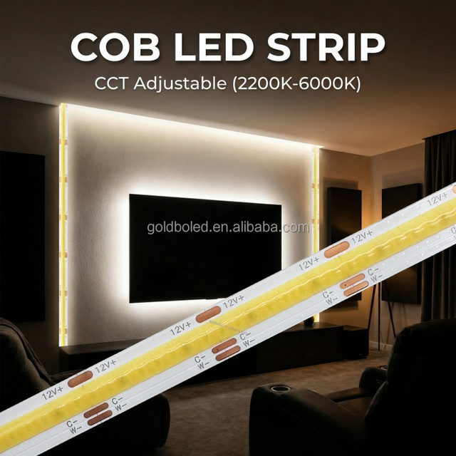 Double Color COB LED Strip CCT Dual White 12V 24V 608 LEDs 10mm Cuttable High CRI Ra90 for Professional Indoor Installation