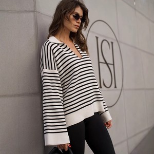 <span class=keywords><strong>Maglione</strong></span> a Righe Stile Coreano da <span class=keywords><strong>Donna</strong></span> DN con Colletto a <span class=keywords><strong>Polo</strong></span>, Maniche Lunghe, Pullover Lavorato a Maglia Ampio per Autunno e Inverno - Product Image 1
