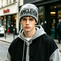 AMCLEVER Bonnet réversible en jacquard à lettres, unisexe, chaud, avec cache-oreilles, pour automne-hiver, personnalisable avec logo, style streetwear, pour le froid