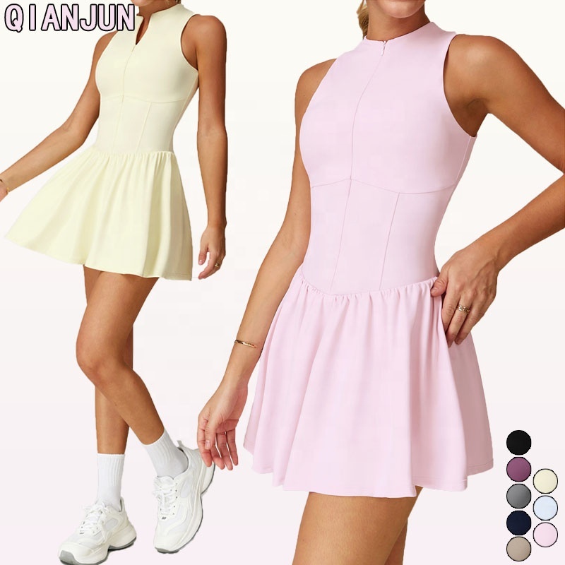 Wholesale New Women Slim Fit Tennis Yoga One-piece Dress High Waist Pleated Skirt with Inner Shorts for Golf Sports Workout