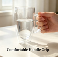 Mug en verre borosilicate à double paroi fait main, anti-fuite, compatible lave-vaisselle, 450 ml, corps transparent uni et lisse, poignée transparente