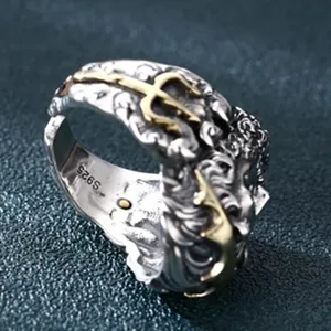 BOCAI S925 Sterling Silver Banhado A Ouro Pedra Natural Charme Anel para Homens Nova Moda Retro Zeus Cabeça Retrato Ajustável Jóias - Product Image 6