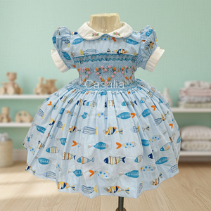 Casalia Girls Blue <b>Fish</b> Print A-Line Dress Embroidery Peter Pan Collar Sleeveless Autumn <b>Sweet</b> Style Knee-Length Cotton - Product Image 3
