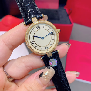 Montre de luxe pour femme avec boîtier en or, lunette entièrement sertie de diamants, cadran crème, chiffres romains, bracelet en cuir de crocodile noir, fabrication suisse - Product Image 1