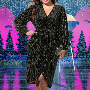 Abito Estivo da Donna <span class=keywords><strong>Taglie</strong></span> <span class=keywords><strong>Forti</strong></span>, Casual Elegante, di Alta Qualità, Lucido, Stampato a Righe, con Spacco, Lunghezza al Ginocchio, Vita Impero - Product Image 1