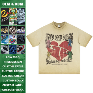 Camiseta de algodón de doble hilo de 275 g, estilo vintage, teñido inverso, con estampado de letras y corazón roto, hombros caídos, corte holgado, unisex - Product Image 1