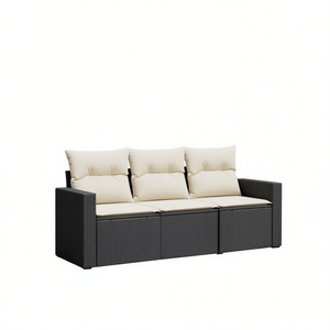 Sofá de Jardín Negro con Cojines Crema, Muebles de Exterior de Tres Plazas, Ratán de PE Resistente a los Rayos UV, Diseño Contemporáneo Impermeable - Product Image 1