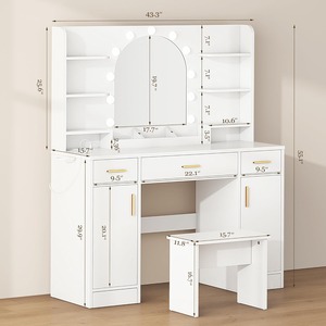 Nhà máy trực tiếp ván dăm gỗ trắng bàn trang điểm với gương 11 đèn LED Ổ cắm điện - Product Image 4