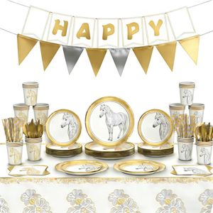 Lanweier <strong>2026</strong> Luxury Gold Plated Horse Year Style Disposable Paper Wedding Party Camping Complete Tableware Set Customizable - Product Image 5