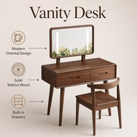 Meuble de chambre à coucher en bois de chêne, style esthétique oriental, avec commode compacte multi-tiroirs et coiffeuse intégrée
