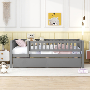 Cama nido individual de madera con dos cajones, color gris, cama infantil con almacenamiento - Product Image 2