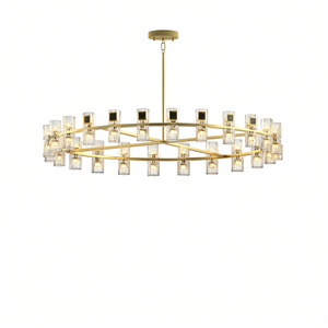 Lámpara de Techo Estilo Moderno Farmhouse con Forma de Rueda de Carro, 48 Pulgadas, Dorada, con Pantalla de Cristal, para Comedor, Cocina, Entrada - Product Image 1