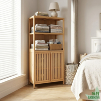 Armoire de rangement en bambou naturel à 2 niveaux, étagère ouverte, double porte à persiennes, vente en gros, écologique, organisateur multi-usages pour la maison