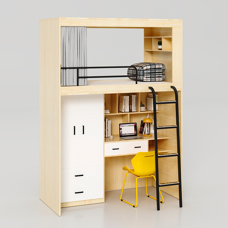Floor ladder, bed above, desk below