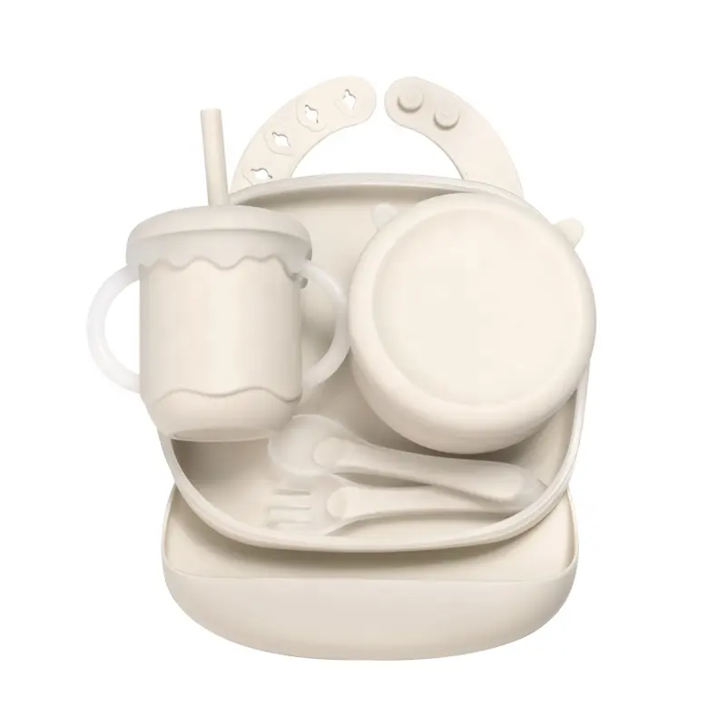 사용자 정의 에코 친화적 인 100% 실리콘 아기 안전 아이 실리콘 어린이 식당 세트 실리콘 접시 흡입 컵