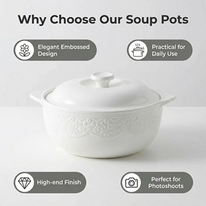 3 tailles : 8,5, 9,5 et 11,5 pouces, bols à soupe en porcelaine blanche embossée avec couvercle, résistants à la chaleur, pots de service en céramique pour la maison, la cuisine, cadeau - Product Image 3
