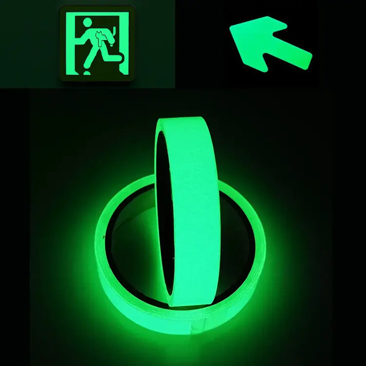 Manifattura fluorescente di sicurezza fettuccia pellicola luminosa fotoluminescente autoadesiva materiale vinilico bagliore nel nastro scuro