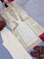 Setelan Kurta Atasan Palazzo Dupatta Sutra Putih Merah Desainer Tradisional untuk Pesta Wanita, Semua Musim, Cepat Kering