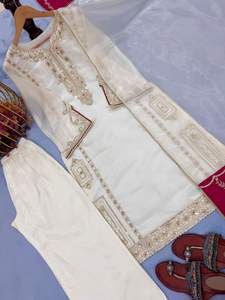 Ensemble haut, palazzo et dupatta JimmyChoo blanc et rouge, style traditionnel de créateur, pour tenue de soirée, séchage rapide, prix de gros - Product Image 5