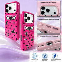 Coque de téléphone antichoc Y2K rétro à pois brillants avec ailes en forme de cœur pour iPhone 18 / Pro / Max, avec cadre surélevé et boutons métalliques