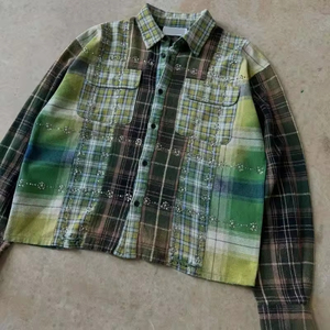 Polos à manches longues délavés avec des strass surdimensionnés à carreaux pour hommes - Product Image 3