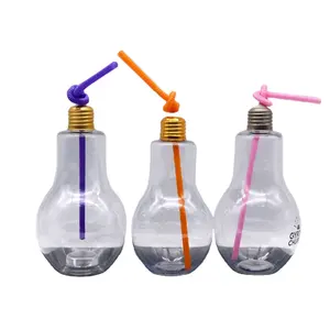 300ml 400ml 500ml Special LED light bulb shaped plastic bottle with straw and LED lamp for juice for beverage