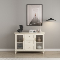 Buffet en bois massif blanc de luxe léger avec portes vitrées, meuble de rangement moderne pour cuisine et chambre avec tiroirs et poignées dorées