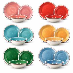 Colorful Round Ceramic <b>Dinnerware</b> <b>Set</b> 18 Pc For 6 People Soup Dinner Dessert Plates - Product Image 1