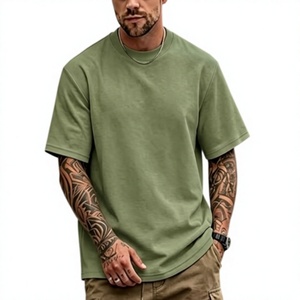 Camiseta de Algodón Verde Oliva Sólido para Hombre, Manga Corta, Cuello Redondo, Corte Holgado, Estilo Casual, Tejido Jersey, Deportiva, 180g, Secado Rápido - Product Image 1